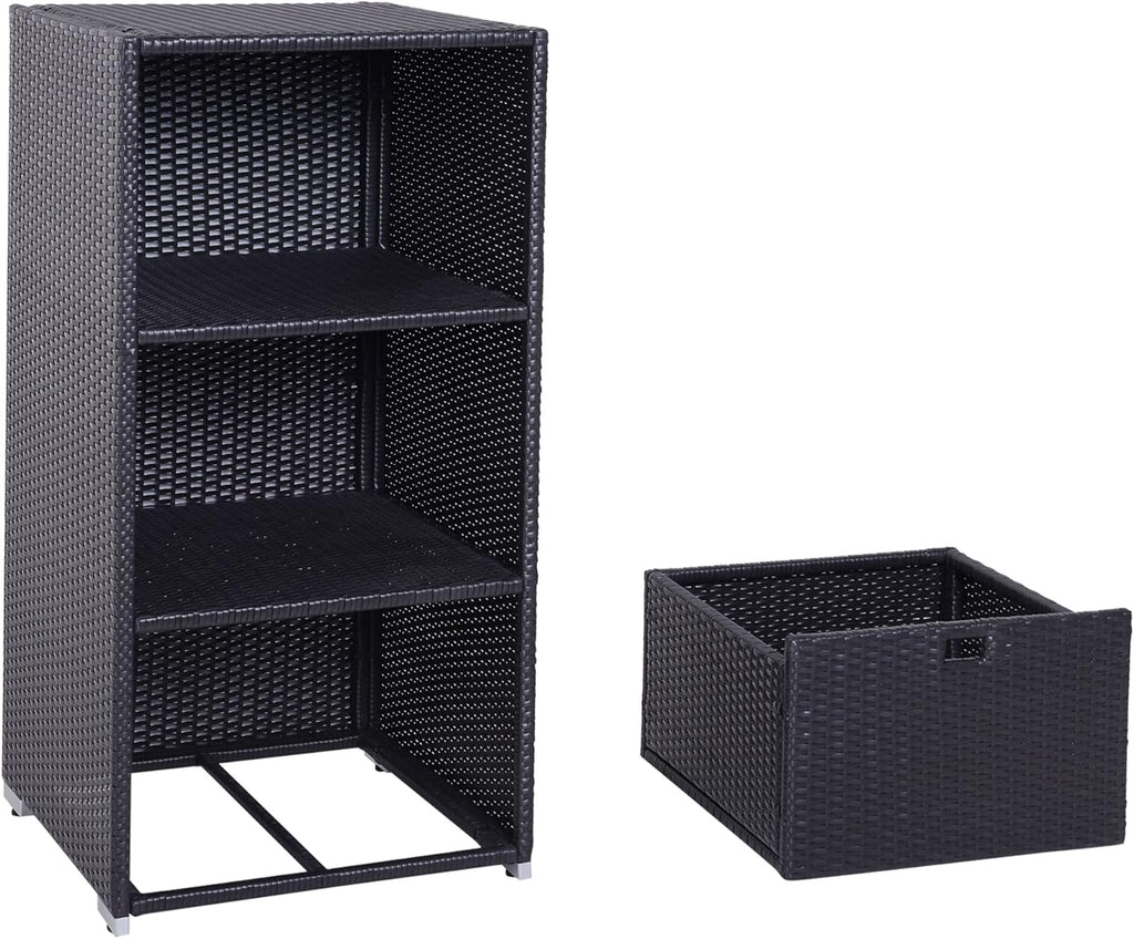 Outsunny Valet Pool Towel Rack, Waterproof PE Plastic Rattan Wicker Storage Organizer, Indoor Outdoor Spa, and Hot Tub Accessory Storage, 2 Shelves, 1 Basket Drawer, Espresso