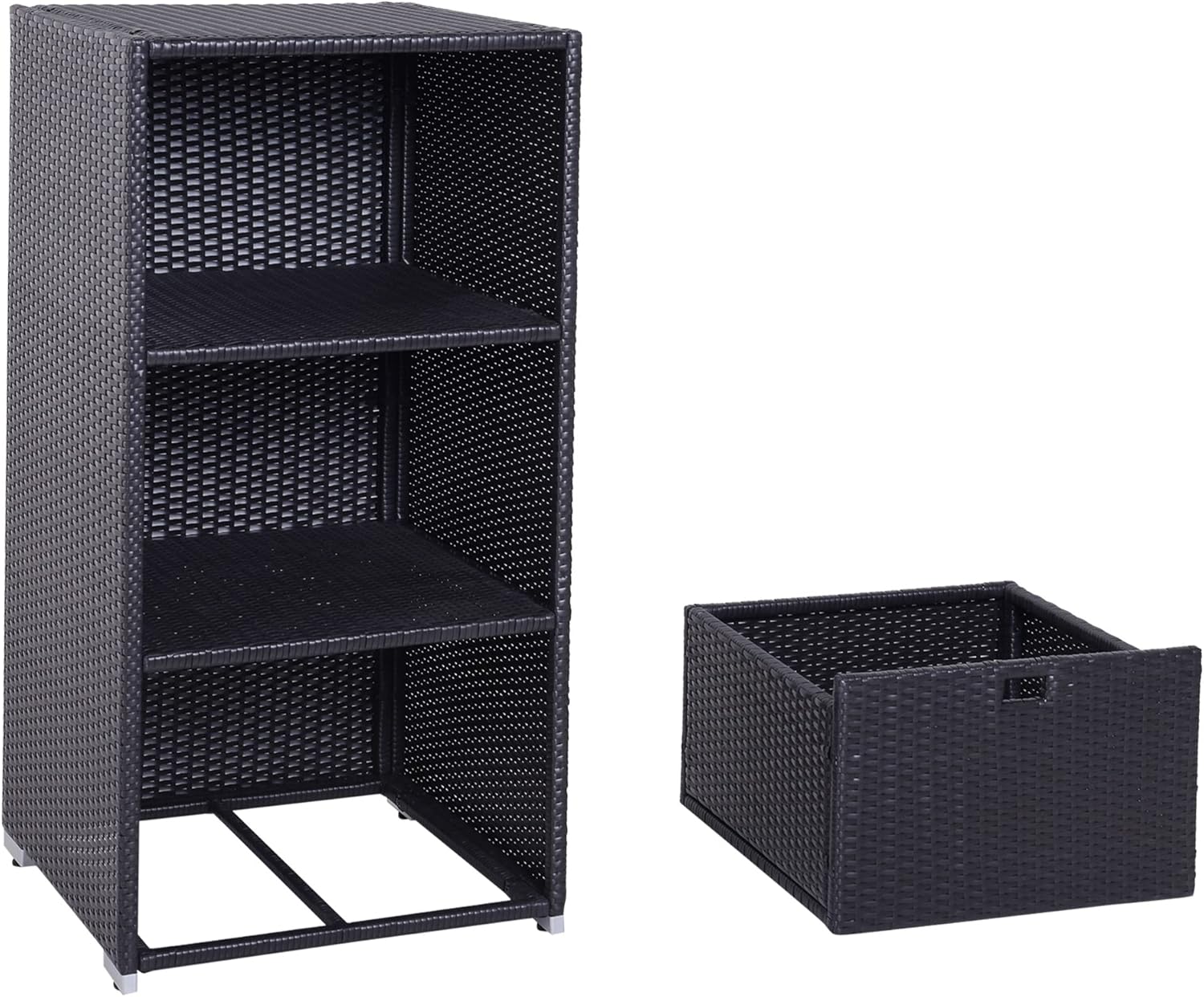 Outsunny Valet Pool Towel Rack, Waterproof PE Plastic Rattan Wicker Storage Organizer, Indoor Outdoor Spa, and Hot Tub Accessory Storage, 2 Shelves, 1 Basket Drawer, Espresso