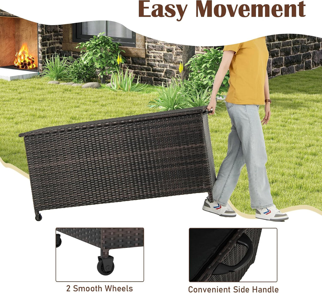 RELAX4LIFE 85-Gallon Deck Box with Wheels - Wicker Rattan Storage Bin Container w/Waterproof Liner & Gas Strut for Patio Cushions, Garden Tools, Pool Supplies, Indoor Outdoor Storage Box (Brown)
