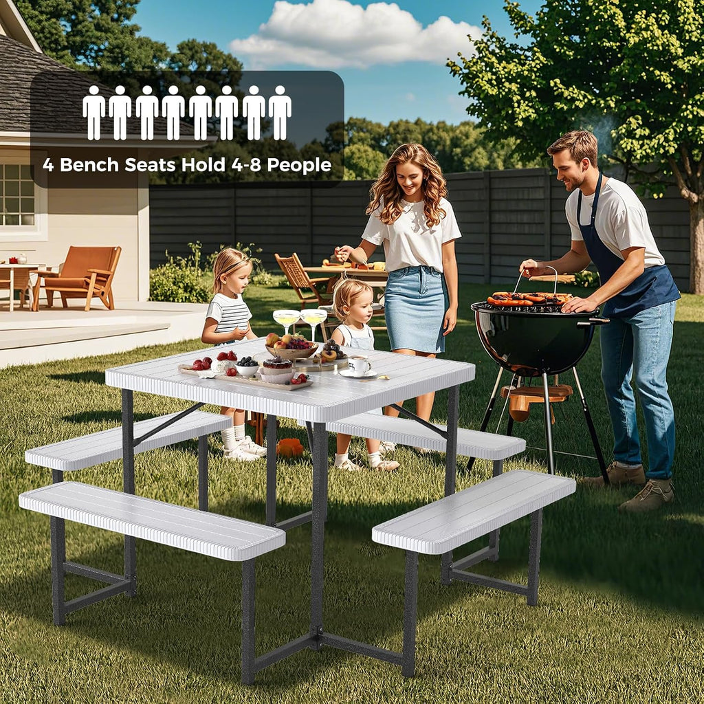 Giantex Picnic Table Bench Set for 4-8 People, 34' Outdoor Square Dining Table & 2 Benches w/Umbrella Hole, HDPE Tabletop, Metal Frame, Patio Camping Furniture for Backyard Porch Lawn (White,Square)