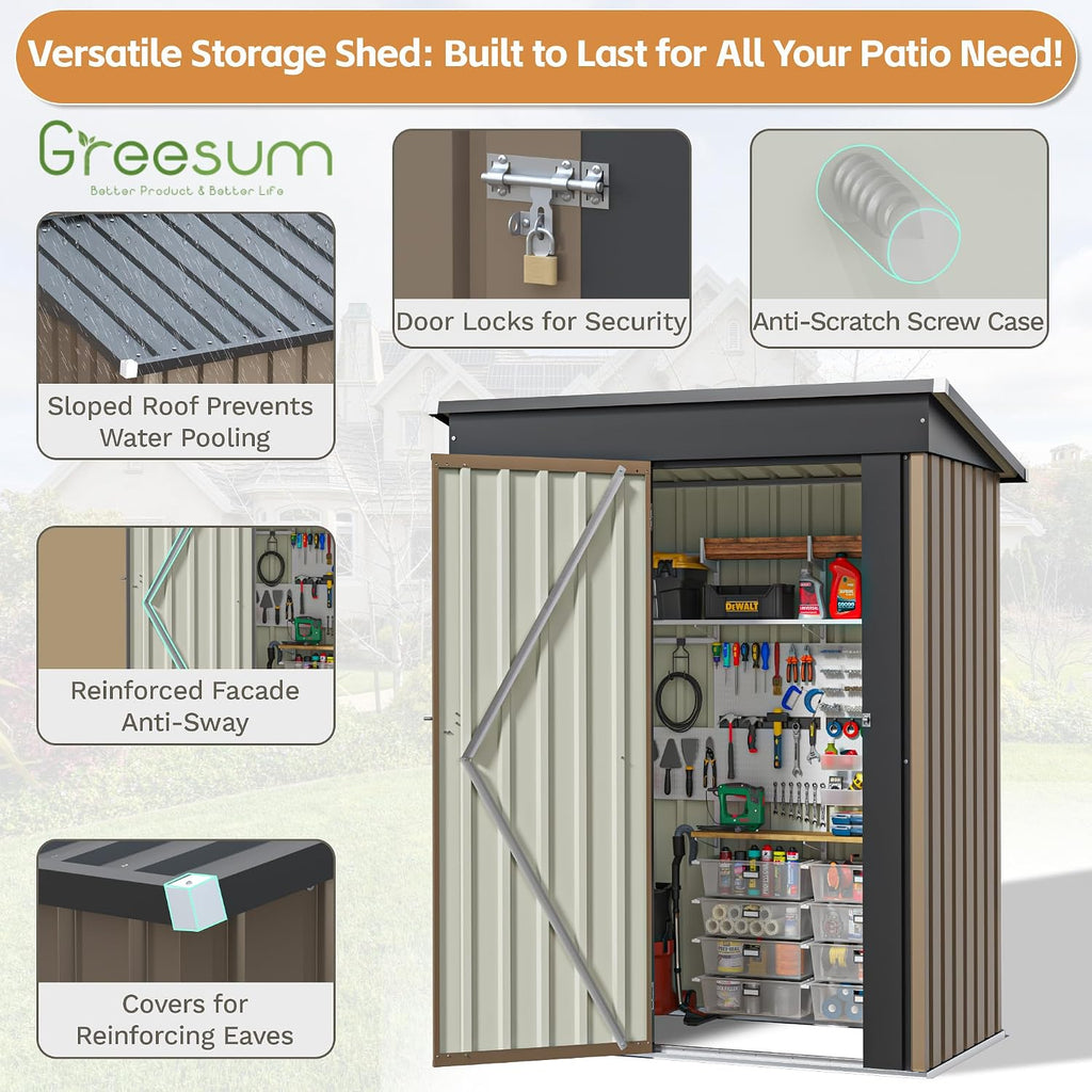 Greesum 5×3FT Outdoor Storage Shed, Metal Patio Storaged Sheds with Lockable Doors, Sheds & Outdoor Storage for Bike, Backyard, Pool and Garden, Brown