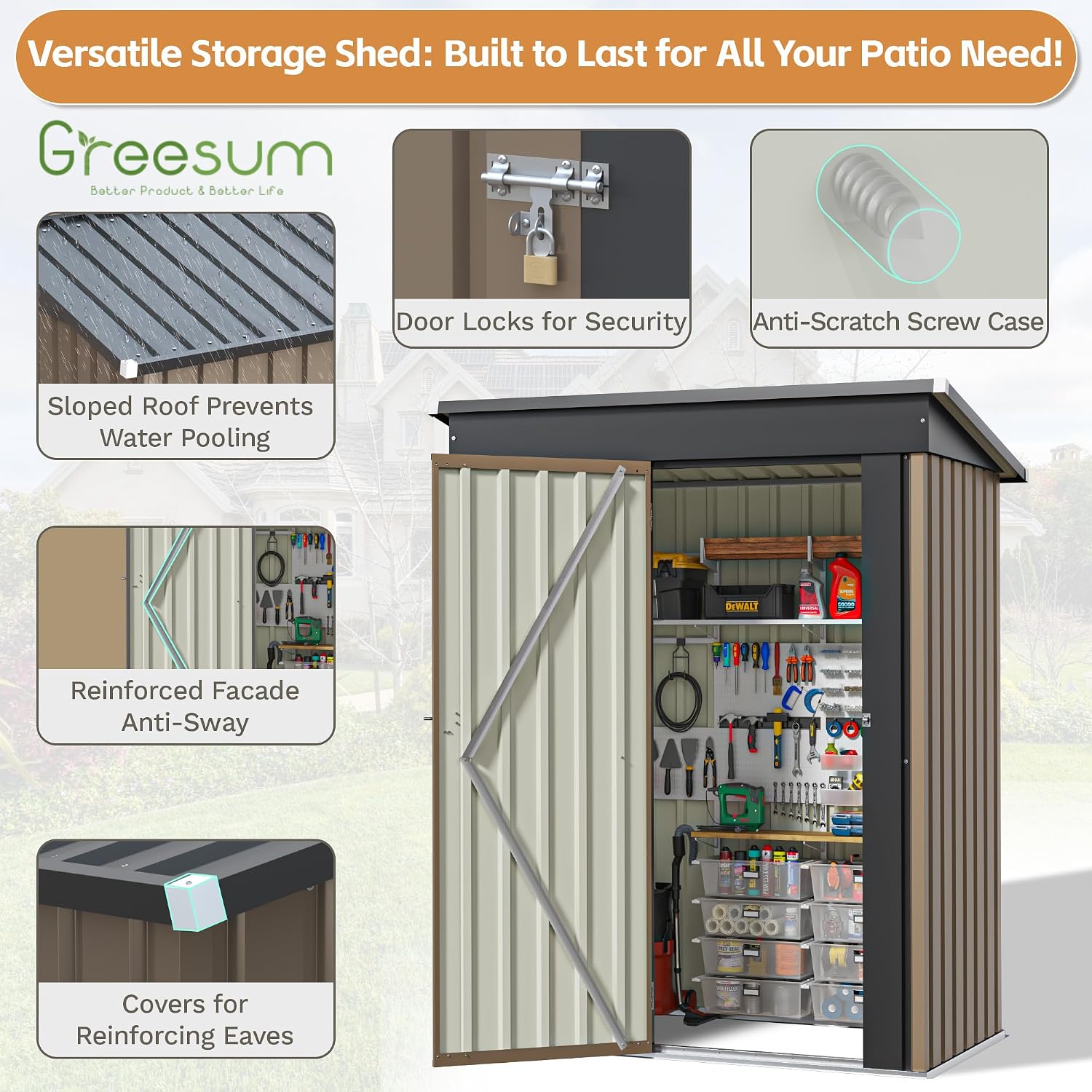 Greesum 5×3FT Outdoor Storage Shed, Metal Patio Storaged Sheds with Lockable Doors, Sheds & Outdoor Storage for Bike, Backyard, Pool and Garden, Brown