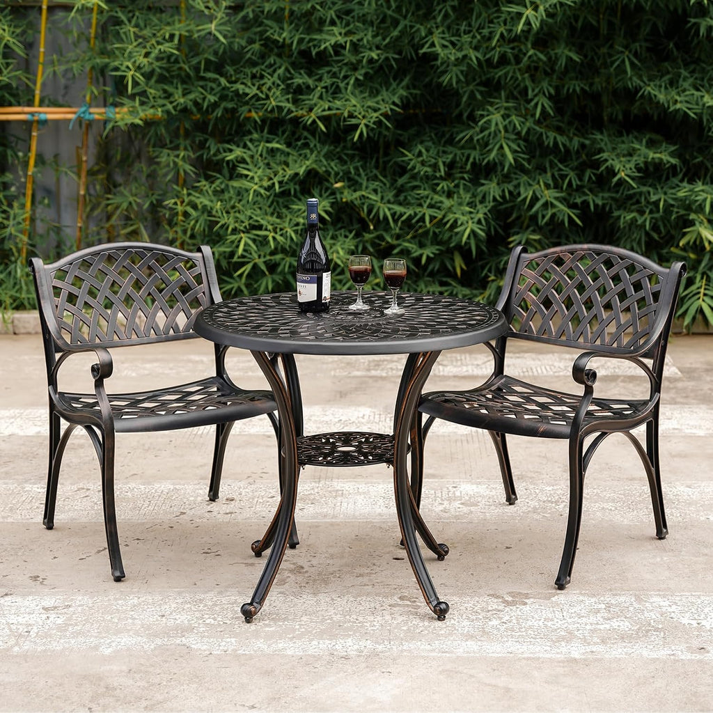 3 Piece Outdoor Dining Set,Cast Aluminum Bistro Set with Umbrella Hole, All Weather Patio Furniture Set, Small Patio Dining Set for Garden/Balcony/Deck, Bronze (Woven Backrest)