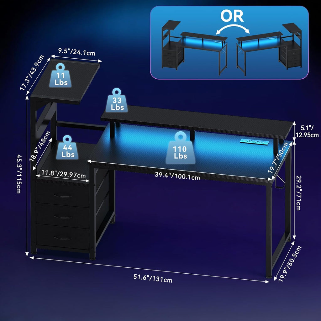 DUMOS L Shaped Gaming Desk with Shelves Storage Drawers 52'', Black Computer Desks with LED Lights Power Outlets, Office Wood Table with PC Stand Cable Management for Bedroom Dual Monitor Streaming
