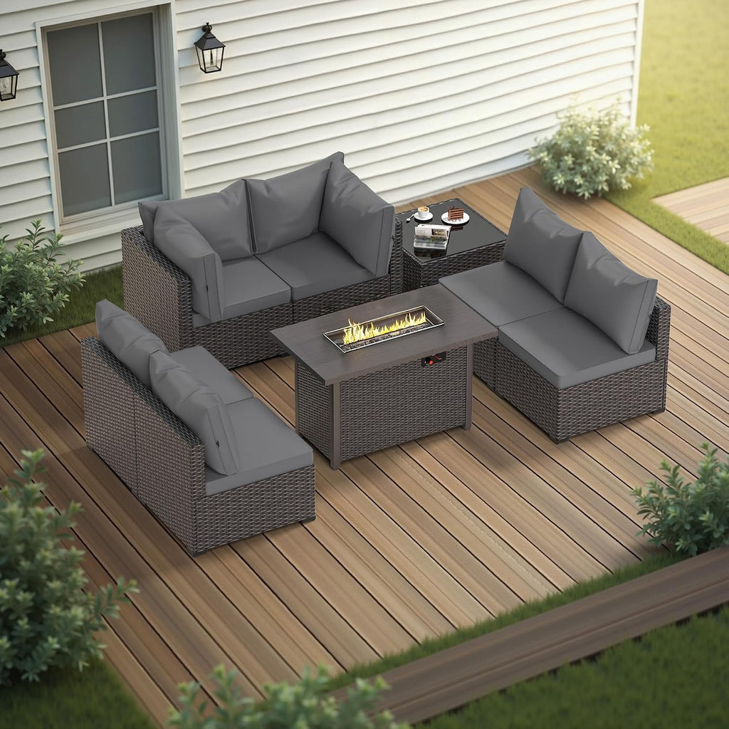 Patio Furniture Set with Fire Pit Table, 8PCS Outdoor Conversation Sets Waterproof Rattan Sectional Sofa with 4' Thickened Cushion Modular Wicker Patio Furniture Set with Glass Top Table (Grey)
