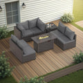 Patio Furniture Set with Fire Pit Table, 8PCS Outdoor Conversation Sets Waterproof Rattan Sectional Sofa with 4' Thickened Cushion Modular Wicker Patio Furniture Set with Glass Top Table (Grey)