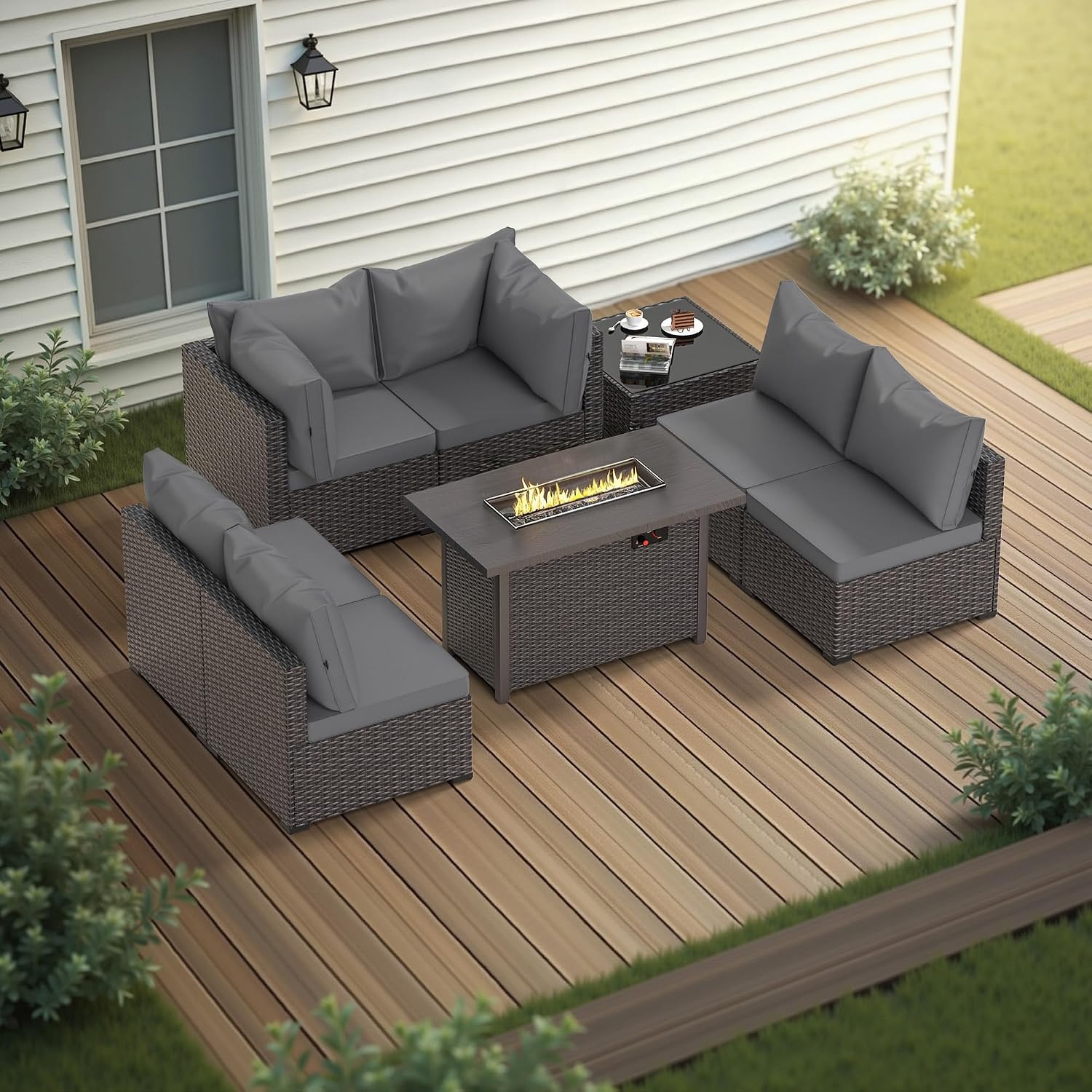 Patio Furniture Set with Fire Pit Table, 8PCS Outdoor Conversation Sets Waterproof Rattan Sectional Sofa with 4' Thickened Cushion Modular Wicker Patio Furniture Set with Glass Top Table (Grey)