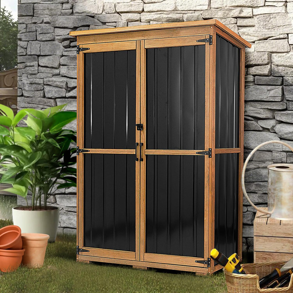 PetsCosset 46' L Large Outdoor Storage Cabinet with Shelves, Wood & Metal Storage Shed Weather-Resistant, Outside Storage Cabinet for Garage Patio Backyard Garden with Waterproof Roof