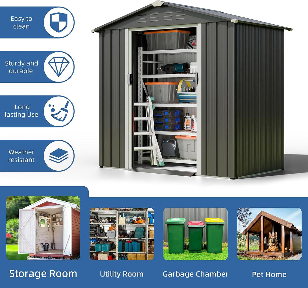 JYQAQA 6x4 FT Outdoor Garden Storage Shed,Waterproof Metal Garden Sheds with Lockable Double Door,Weather Resistant Steel Tool Storage Shed for Patio,Lawn Gray