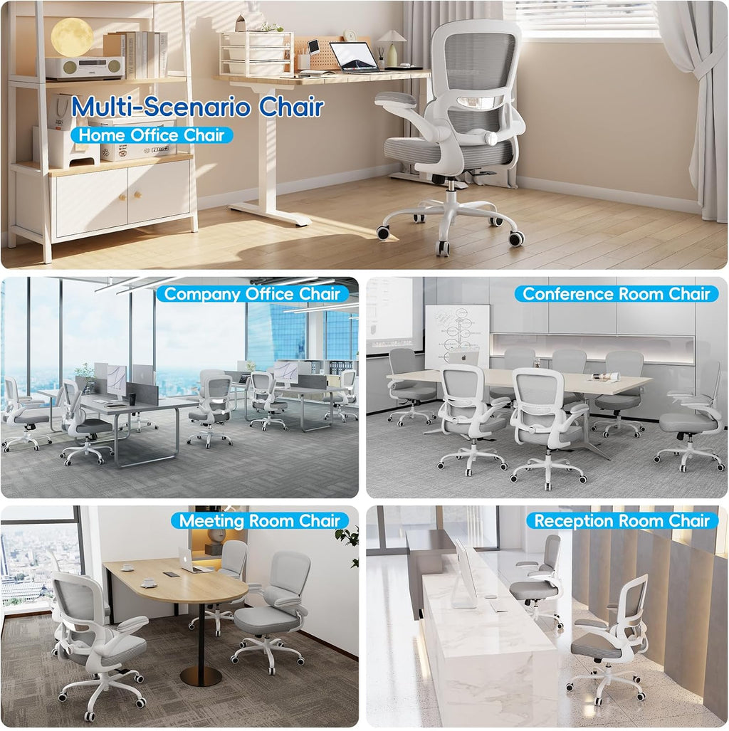 TRALT Ergonomic Office Chair - Desk Chair with Adjustable Lumbar Support Computer Chair - Mesh Comfy Chair with Flip-up Armrests - Gaming Chairs for Adults Home Office (Leather, Grey)