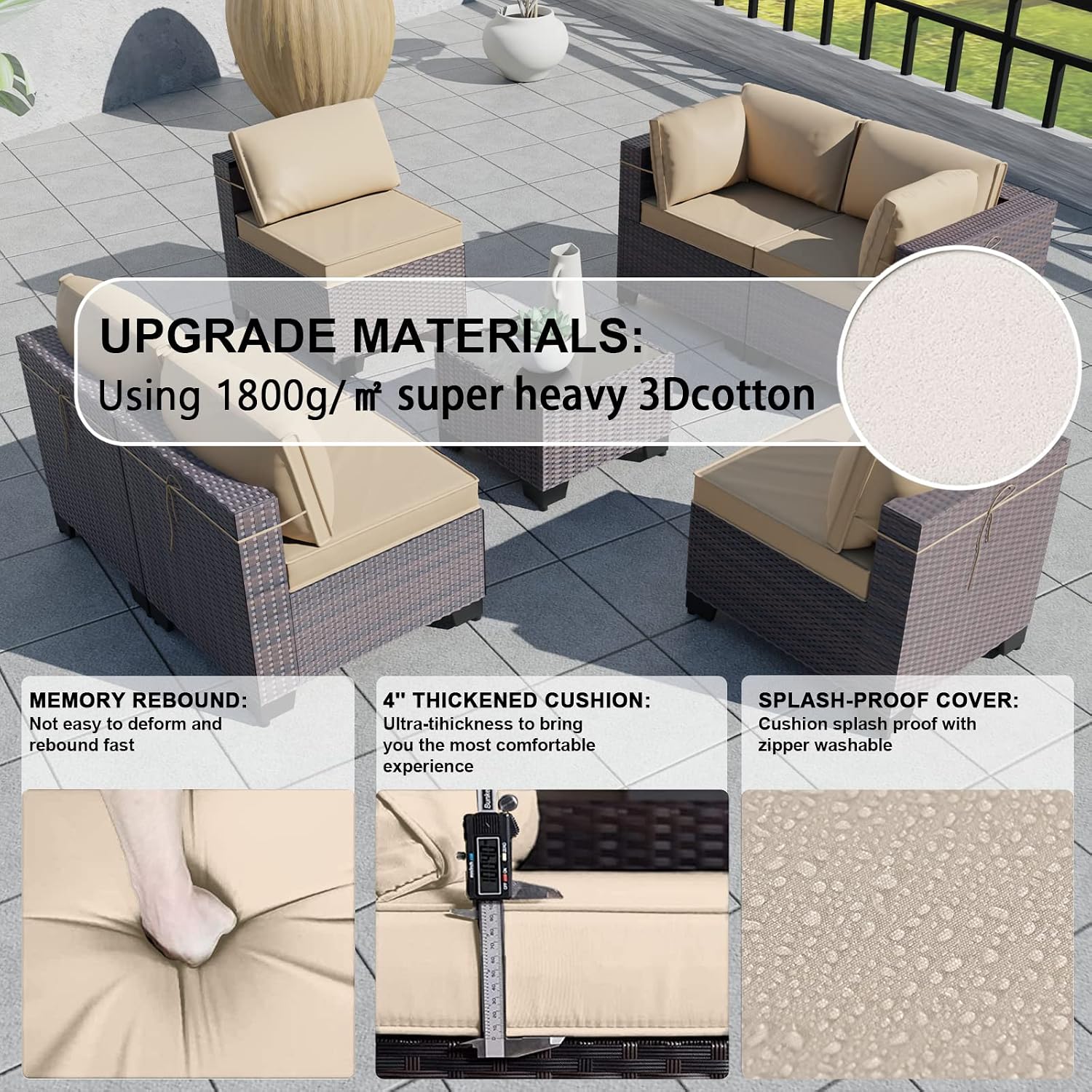 Kullavik 7 Pieces Outdoor Patio Furniture Set,Sectional Rattan Sofa Set Brown PE Rattan Wicker Patio Conversation Set with Tempered Glass Coffee Table and Washable Cushions Covers,Sand