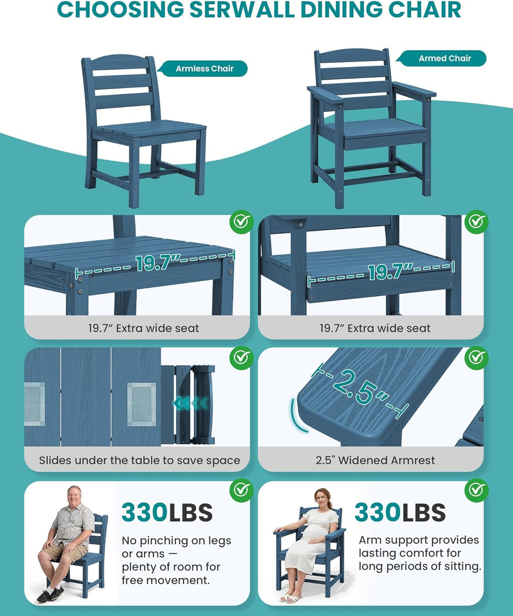 SERWALL Outdoor Dining Sets for 10, HDPE Dining Sets for 10 Person with 2 Rectangular Tables and 8 Armless Chairs and 2 Armchairs, Patio Dining Sets for Garden, Backyard, Poolside, Blue