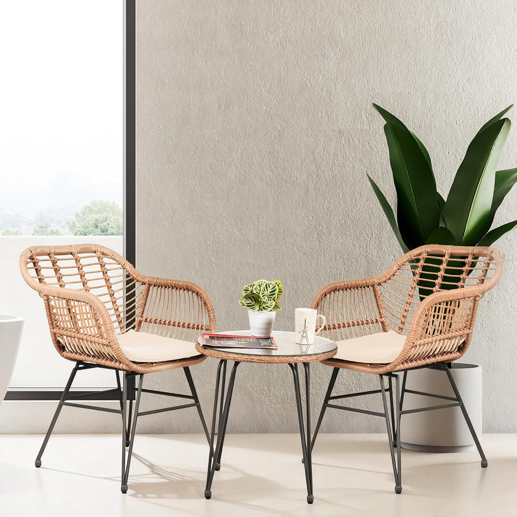 PROHIKER 3 Pieces Outdoor Wicker Bistro Patio Furniture Set, Porch Furniture Rattan Conversation Sets with Side Table and Cushions for Garden Poolside Backyard, Yellow/Beige