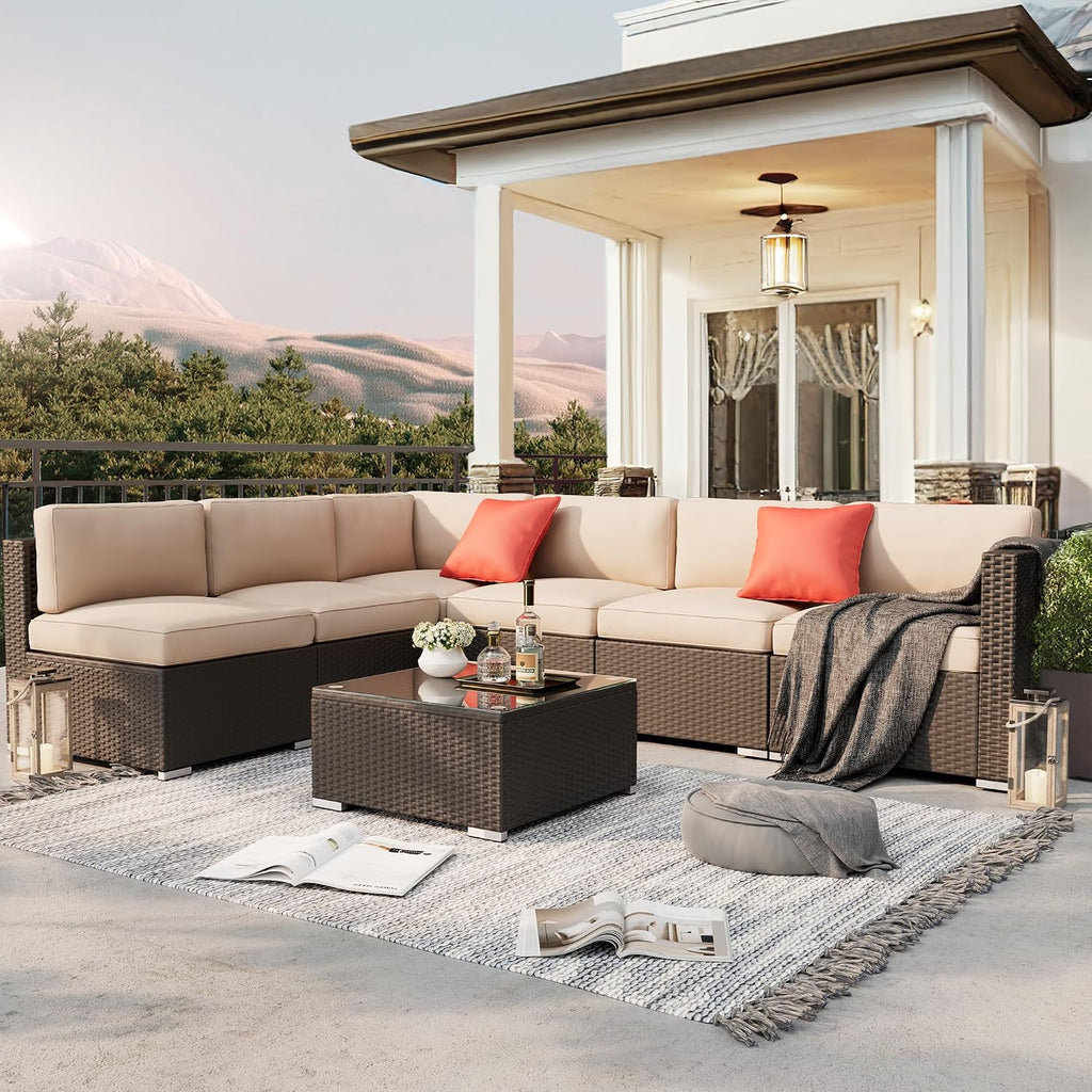 SUNCROWN 7-Piece Outdoor Patio Furniture Sofa Set All-Weather Black Wicker Sectional Conversation Set with Modern Glass Coffee Table and Cushions, Backyard, Garden, Poolside, Brown