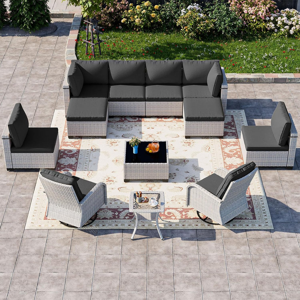 12-Piece Patio Furniture Set, Outdoor Patio Furniture with Swivel Chairs Set, Ottomans, Modular Patio Sofa, Dual-Strand Wicker Rattan, Rust-Resistant Frame, Black