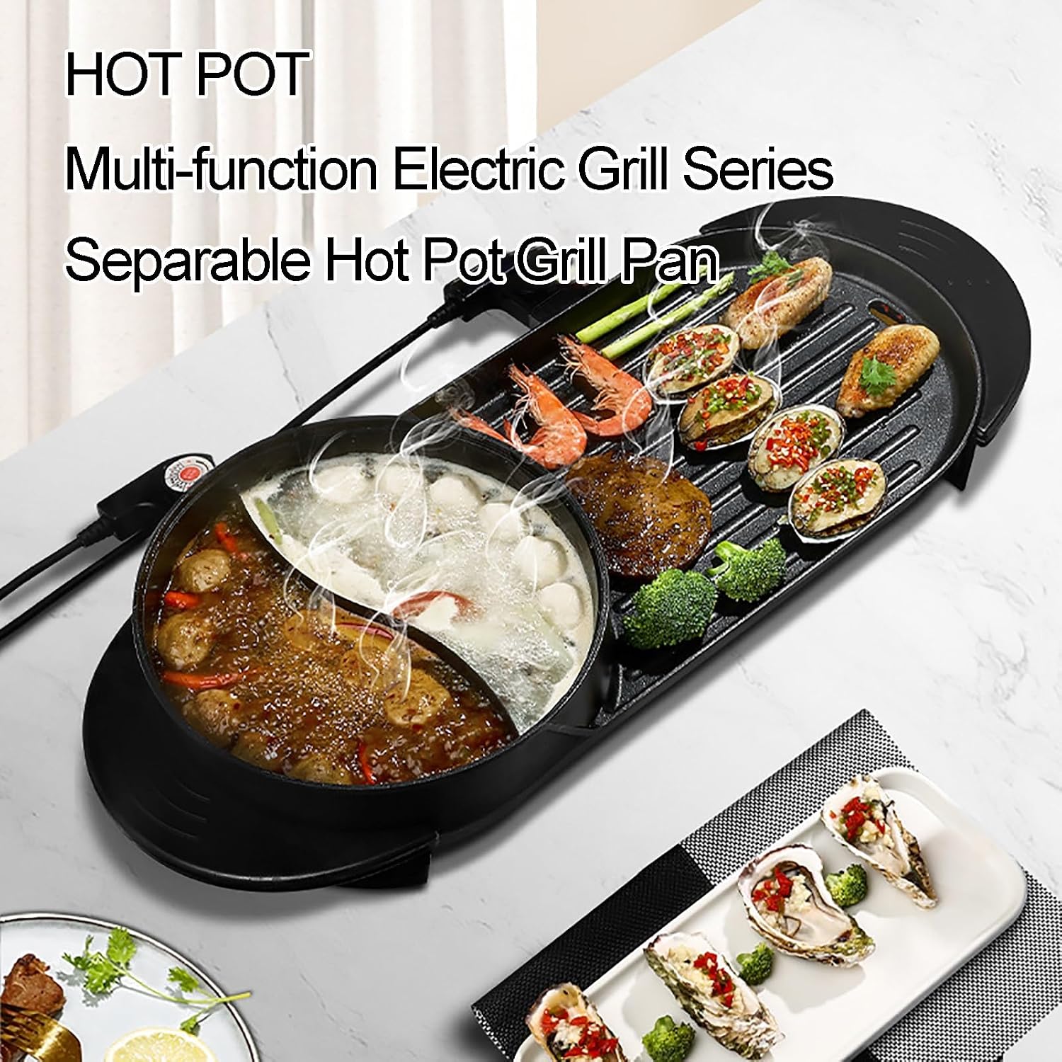 Electric Hot Pot with Grill Indoor Shabu-shabu Hotpot Electric Combo, Removable Hotpot W/Large Capacity Baking Tray, Smokeless Non-Stick, Separate Dual Temperature Control