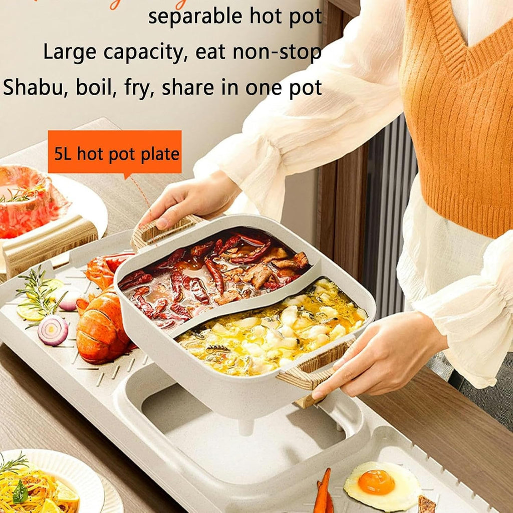 2 and 1 Electric Grill with Hot Pot, Indoor Oven, Shabu-shabu Grill, 2200W Power, Zoned Temperature Control, Suitable for 3~12 People