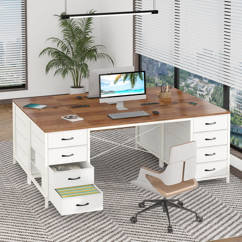 YOMILUVE 60 Inch Computer Desk with 8 Drawers, Home Office Desk with Power Outlets, Work Study Gaming Desk with 8 Fabric Drawers, Brown and White