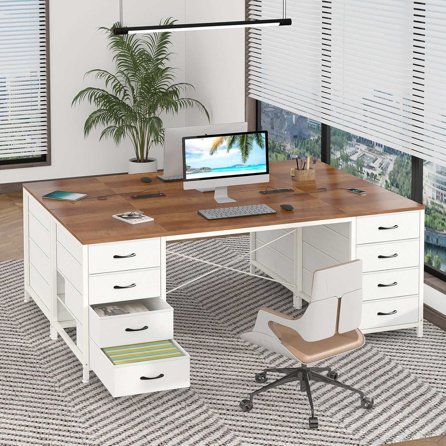 YOMILUVE 60 Inch Computer Desk with 8 Drawers, Home Office Desk with Power Outlets, Work Study Gaming Desk with 8 Fabric Drawers, Brown and White