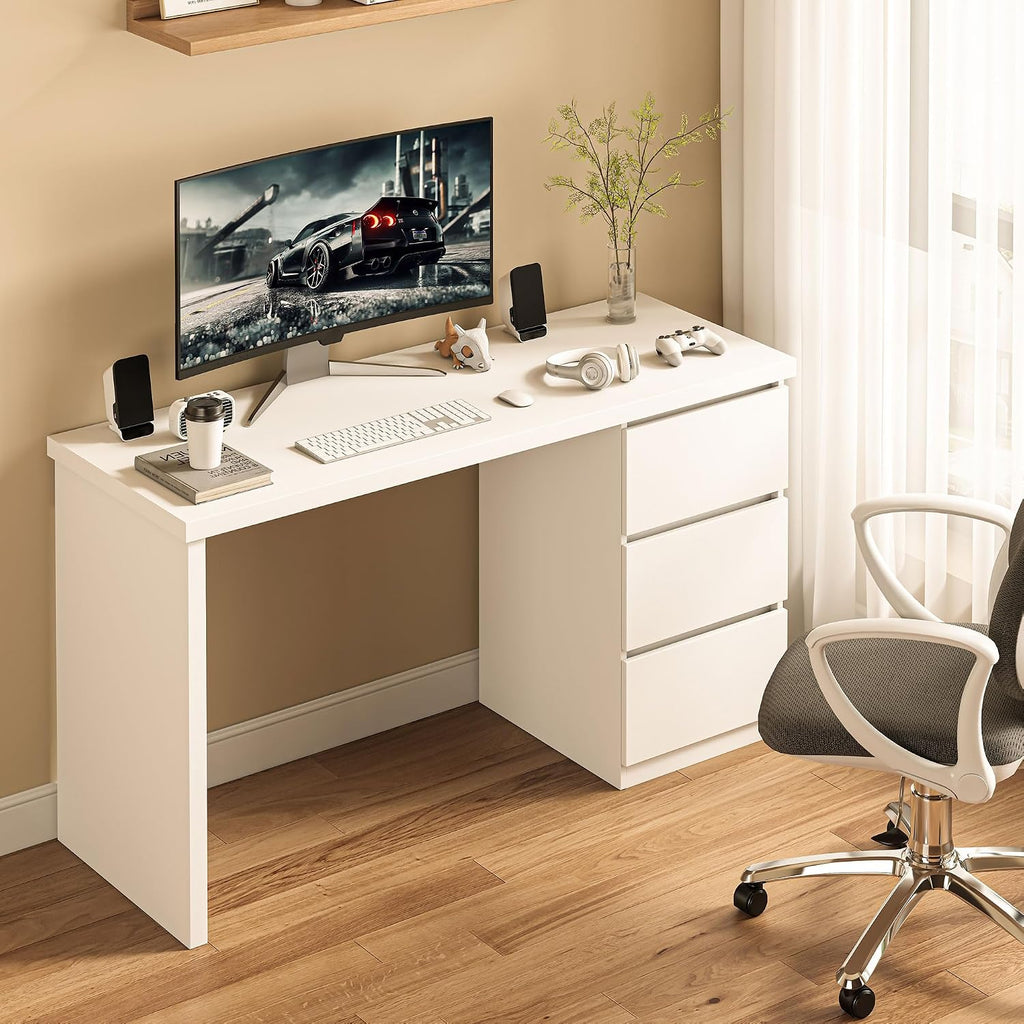 furtble White Desk with Drawers, 53'' W Home Office Computer Desk Gaming Table, Modern Vanity Desk with Storage, Wood Writing Workstation for Bedroom, Living Room, White