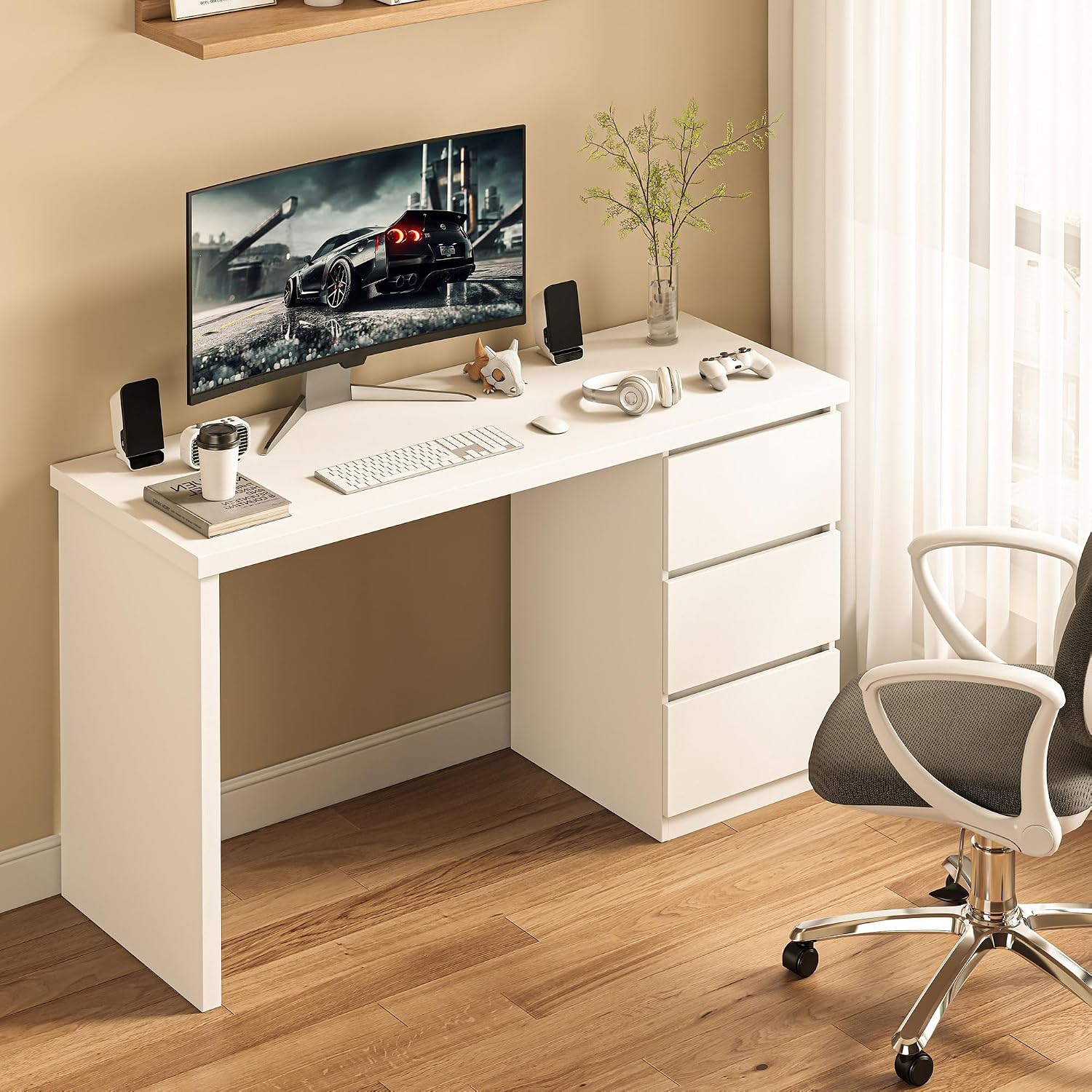 furtble White Desk with Drawers, 53'' W Home Office Computer Desk Gaming Table, Modern Vanity Desk with Storage, Wood Writing Workstation for Bedroom, Living Room, White