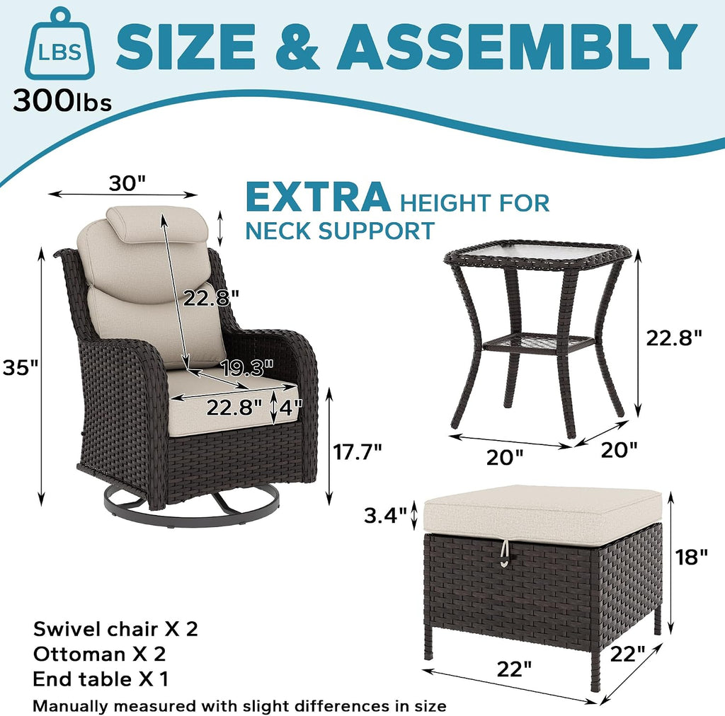 Patio Swivel Rocker Chairs of 2 with Ottomans and Side Table, 5 Pieces Patio Furniture Set, Outdoor Wicker High Back Glider Armchairs with Washable and Water-Resistant Cushions (Beige)