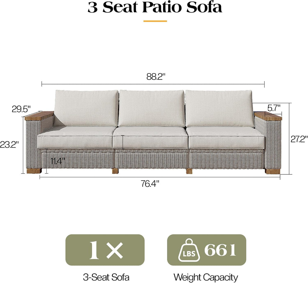 PaPaJet 3 Seat Outdoor Patio Sofa, All-Weather Wicker Couch with Solid Wood Armrests and Legs, 4.7 Inch Thick Removable Cushions, UV Resistant Modular Sofa Perfect for Porch, Backyard, Garden
