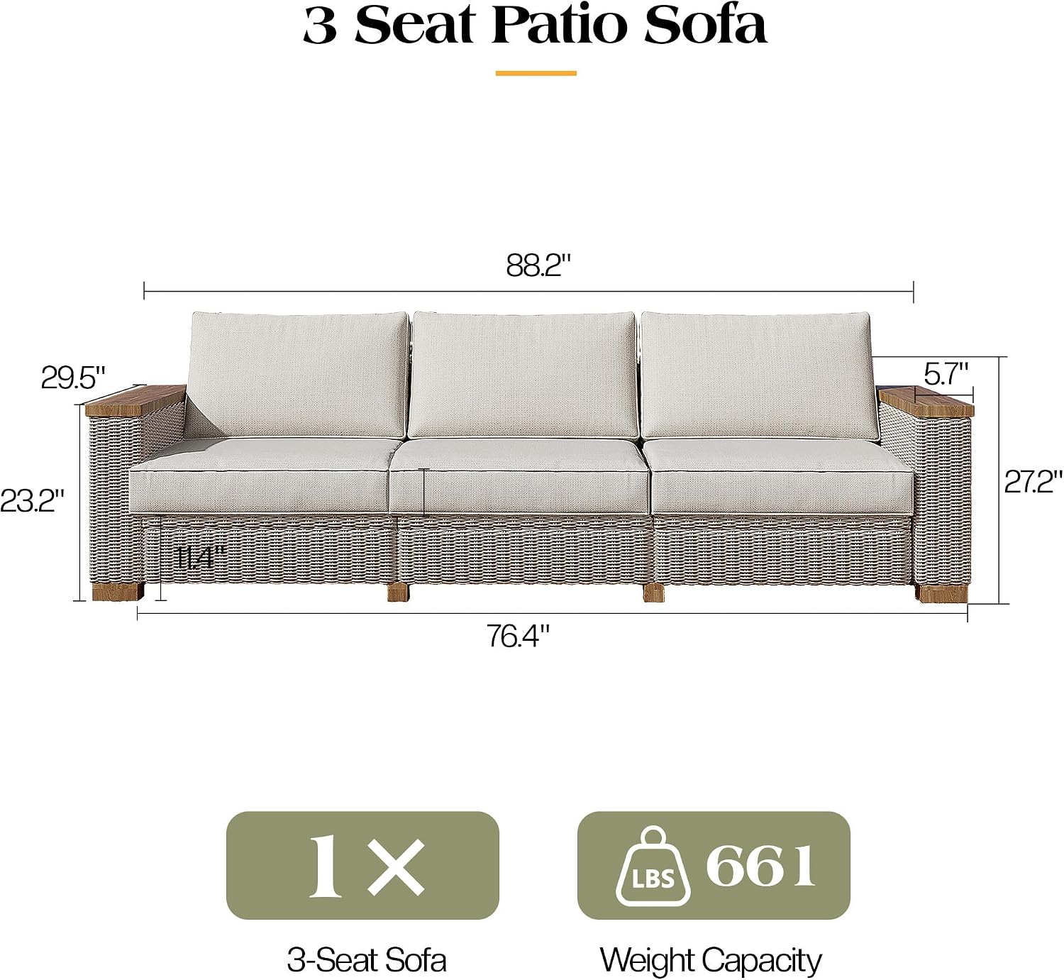 PaPaJet 3 Seat Outdoor Patio Sofa, All-Weather Wicker Couch with Solid Wood Armrests and Legs, 4.7 Inch Thick Removable Cushions, UV Resistant Modular Sofa Perfect for Porch, Backyard, Garden