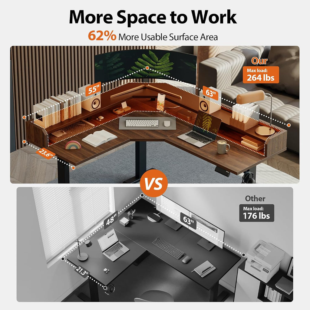 Agilestic L Shaped Standing Desk, Adjustable Height Corner Gaming Desk with Shelf, Sit Stand Up Desk, 63 x 55 Inch Home Office Computer Table, Dark Walnut