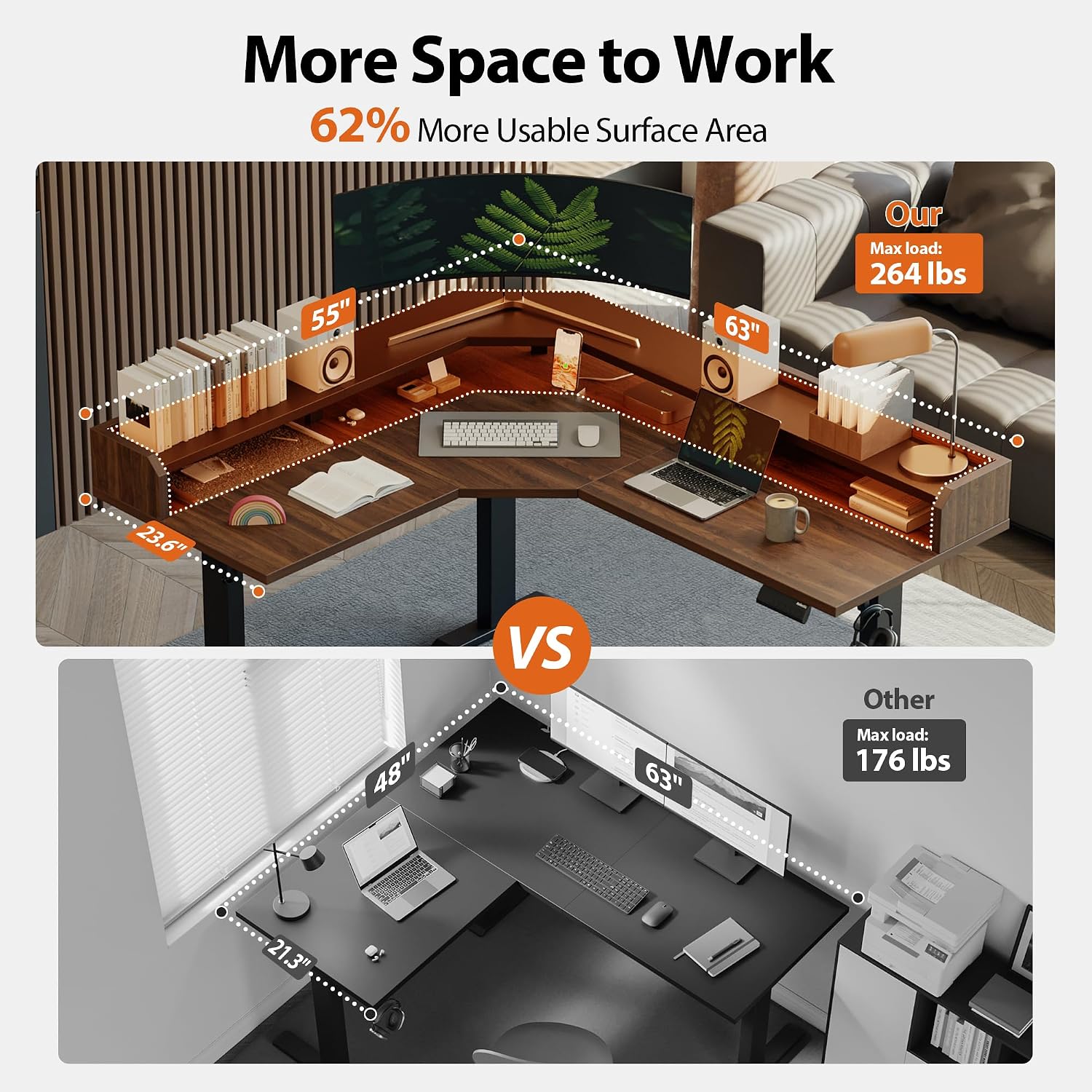 Agilestic L Shaped Standing Desk, Adjustable Height Corner Gaming Desk with Shelf, Sit Stand Up Desk, 63 x 55 Inch Home Office Computer Table, Dark Walnut