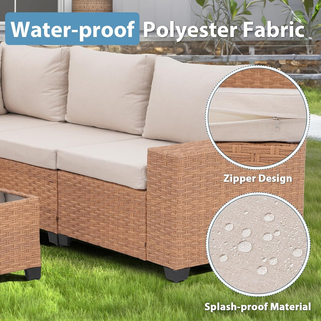 JOIVI 6-Piece Outdoor Sectional Patio Furniture Set, All-Weather Wicker Conversation Sectional with 8' Wide Armrests & 4' Cushions, Modular L-Shaped Sofa for Backyard, Garden & Porch, Beige