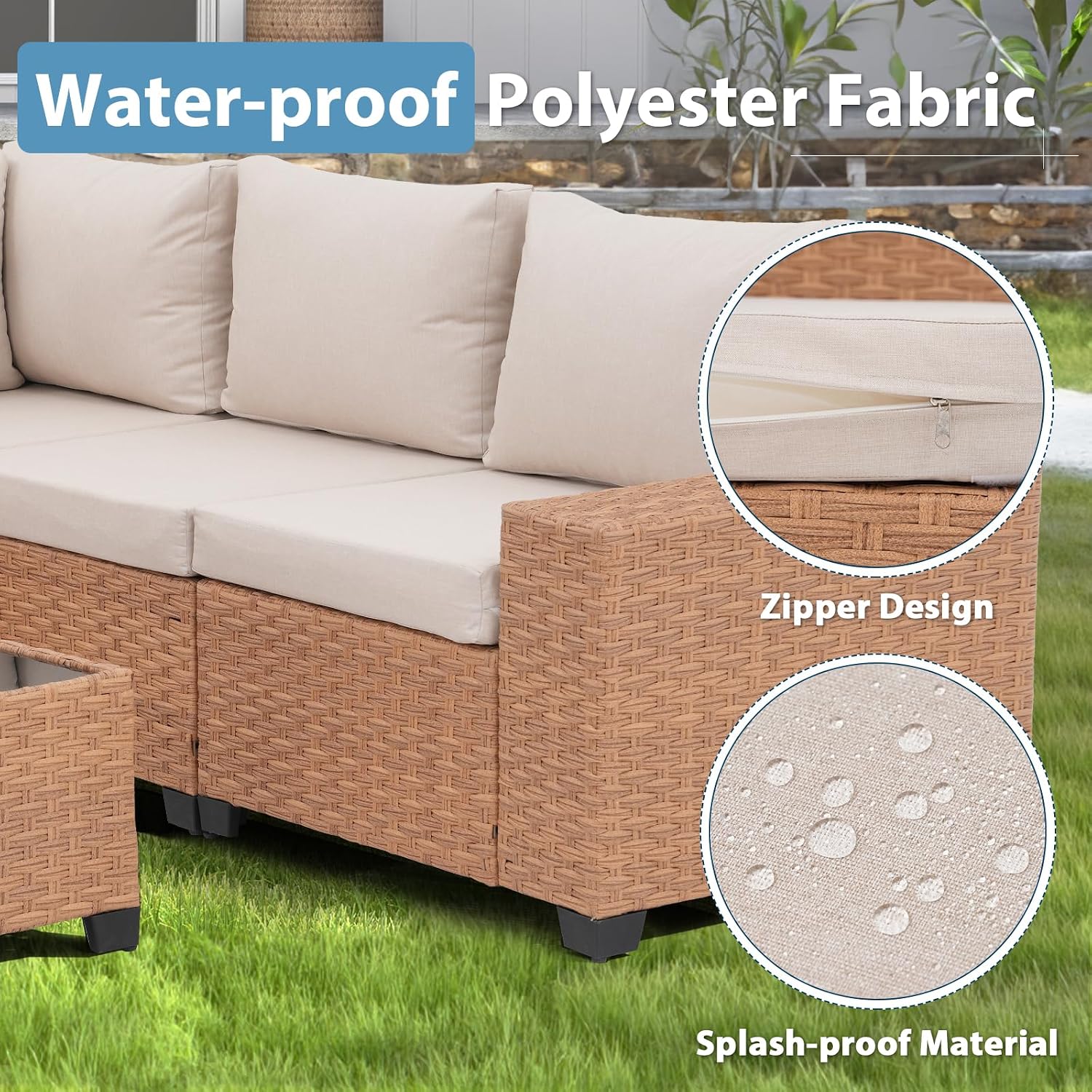 JOIVI 6-Piece Outdoor Sectional Patio Furniture Set, All-Weather Wicker Conversation Sectional with 8' Wide Armrests & 4' Cushions, Modular L-Shaped Sofa for Backyard, Garden & Porch, Beige