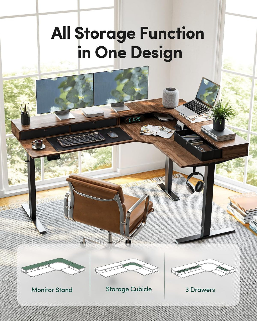 FEZIBO L Shaped Electric Standing Desk, 63x48 inch Large with Drawers | Reversible Tabletop, 2 Memory Height Settings | Home Office & Gaming Height-Adjustable Table, Black Walnut（2 Packages）