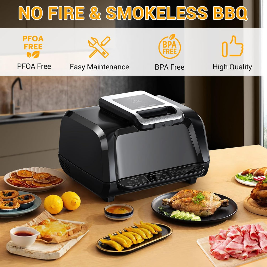 1750W 7-In-1 Air Fryer & Smokeless Grill Combo - Indoor Electric Grill with Bake/Roast/Broil/Dehydrate - 4QT Capacity, Smart Thermometer & Viewing Window, Black