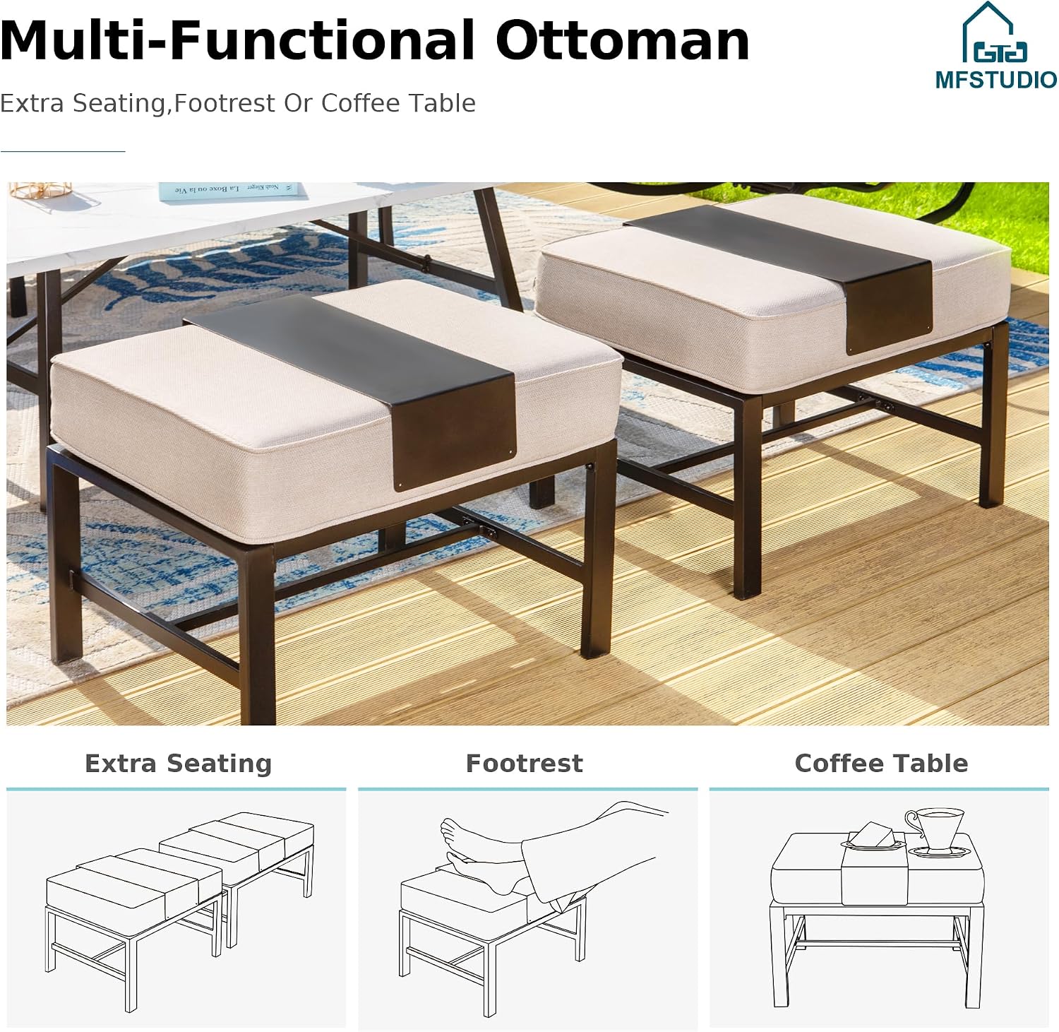 MFSTUDIO 7 Pieces Metal Patio Furniture Sets, 2 Swivel Chairs, 3-Seat Deep Seating Sofa, 2 Single Couch and 2 Ottoman, All Weather 9 Seats Outdoor Conversation Set for Garden Backyard，Beige Cushion