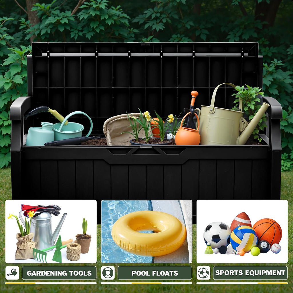 Flamaker 80 Gallon Storage Bench with Cushions Outdoor Indoor, Durable All-Weather Seating with Hidden Storage, Lockable Deck Box for Garden, Patio, Poolside (Black)