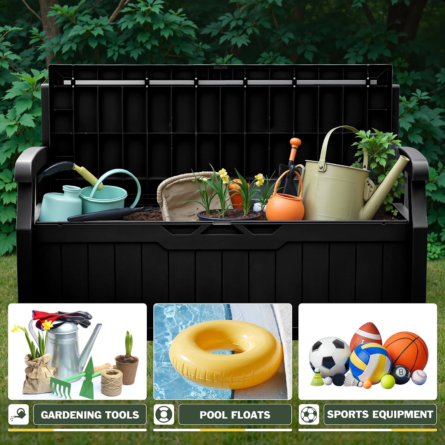 Flamaker 80 Gallon Storage Bench with Cushions Outdoor Indoor, Durable All-Weather Seating with Hidden Storage, Lockable Deck Box for Garden, Patio, Poolside (Black)