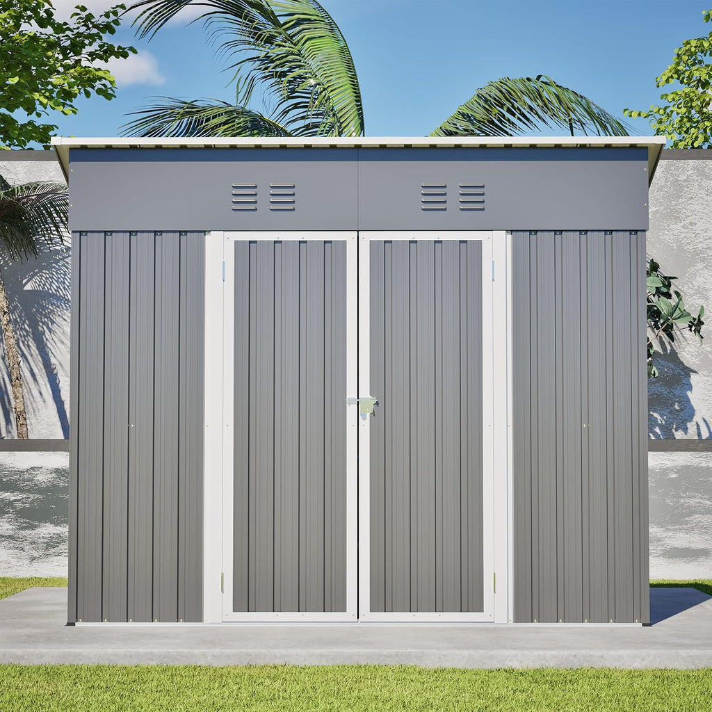 YOPTO 4x8 FT Outdoor Storage Shed with Floor Frame,Metal Shed W/Left/Right Optional Lockable Door,Heavy-Duty Garden Tool Storage House W/ 4 Air Vents & Sloping Roof,for Backyard,Patio,Lawn,Gray