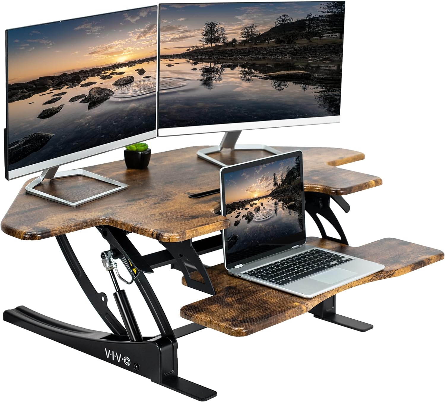 VIVO 43 inch Corner Height Adjustable Cubicle Stand Up Desk Converter, V Series, Quick Sit to Stand Tabletop Dual Monitor Riser Workstation, Rustic Vintage Brown, DESK-V000VCN