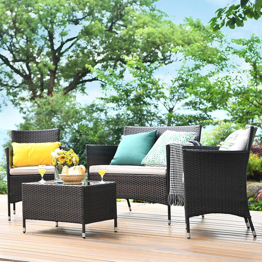 COSTWAY 8PCS Rattan Patio Furniture Set, Outdoor Wicker Rattan Chairs with Coffee Table, Rattan Cushioned Conversation Set for Backyard Balcony Porch Poolside, Brown