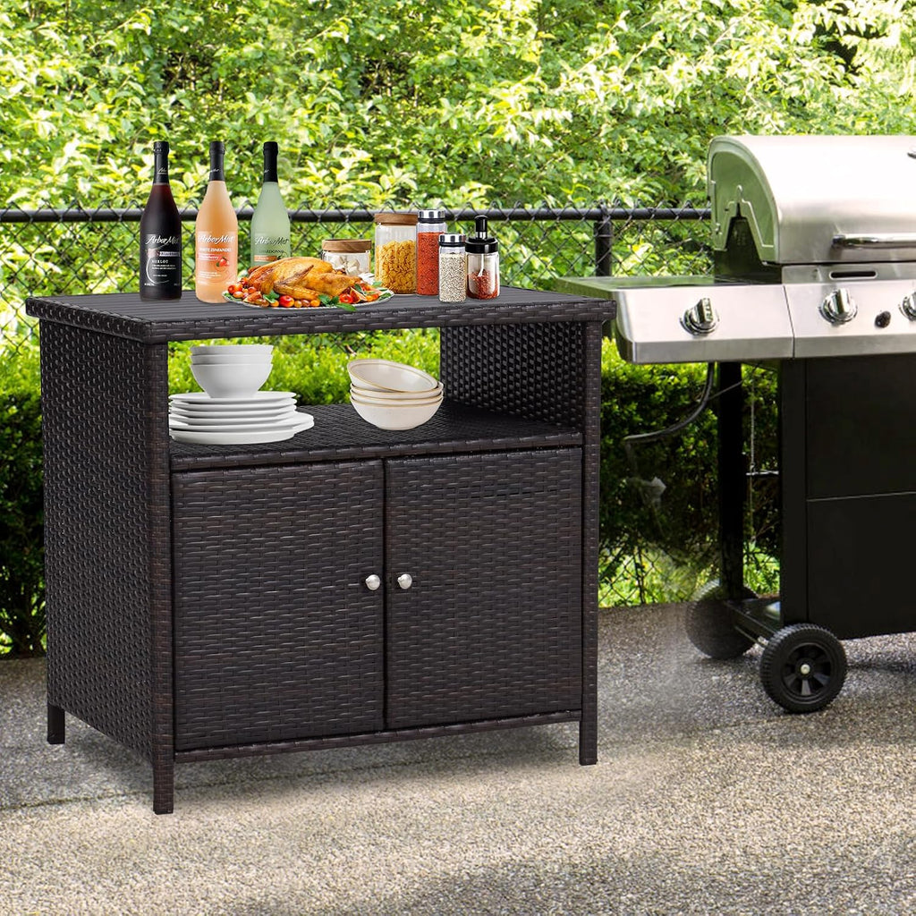 Outdoor Wicker Storage Cabinet - Patio Bar Table with Storage and Doors, Rattan Console Table Buffet Cabinet, Outdoor Storage Unit for Patio, Pool, Garden, Indoor, Kitchen, Dark Brown