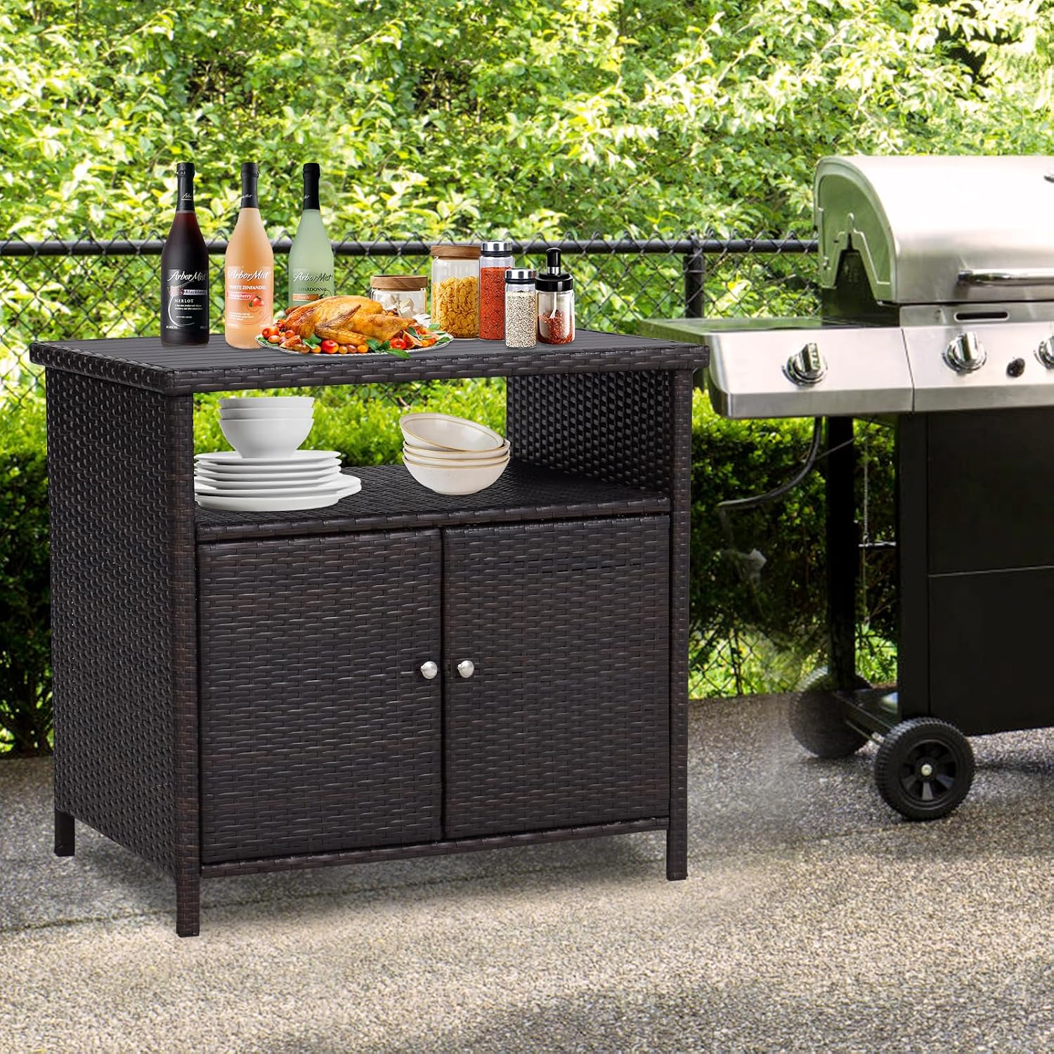 Outdoor Wicker Storage Cabinet - Patio Bar Table with Storage and Doors, Rattan Console Table Buffet Cabinet, Outdoor Storage Unit for Patio, Pool, Garden, Indoor, Kitchen, Dark Brown