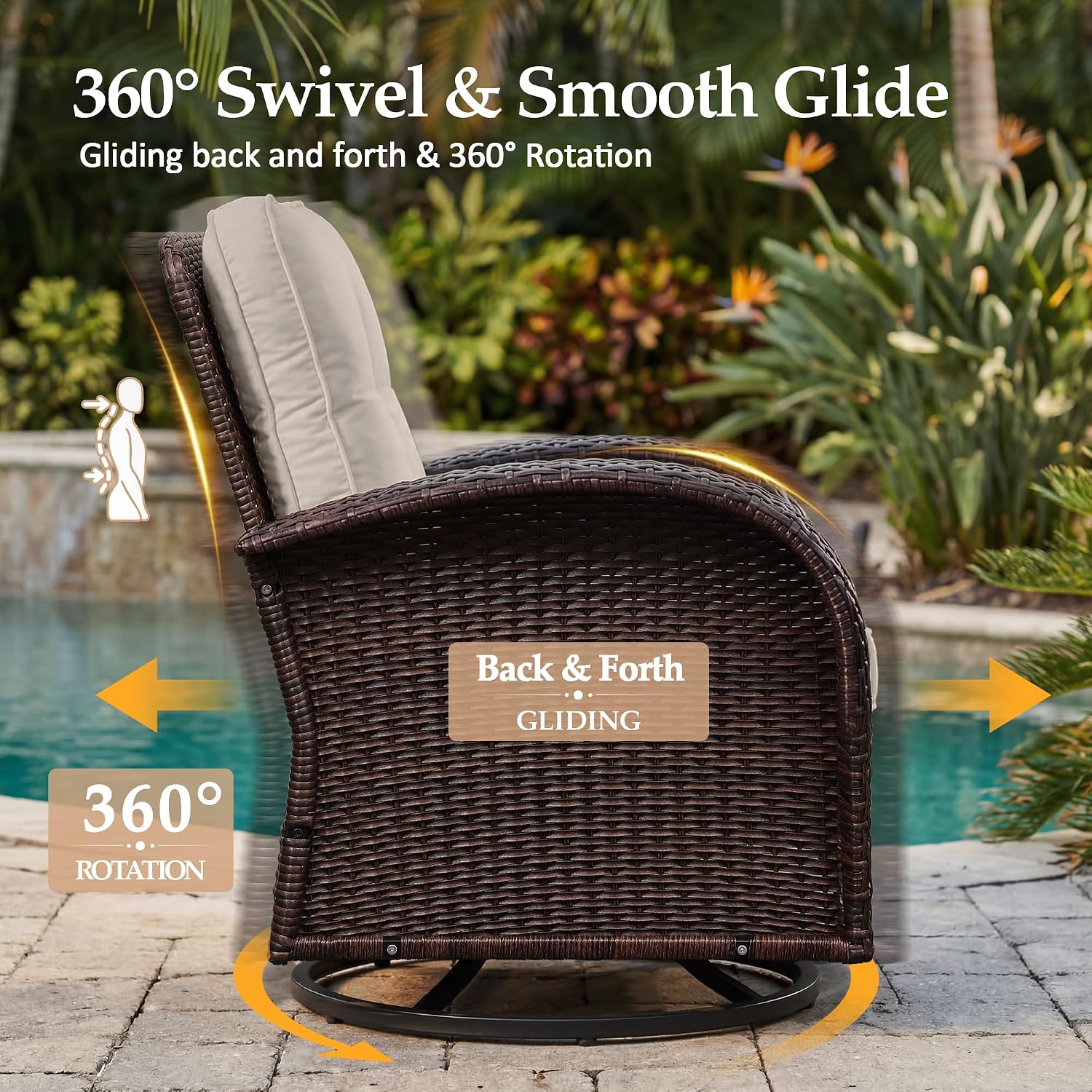 UPHA 5 Pieces Patio Furniture Sets, Wicker Outdoor 3-Seat Sofa Set with Swivel Chairs, Patio Conversation Set for Deck Backyard Garden, Brown Rattan, Beige Cushion