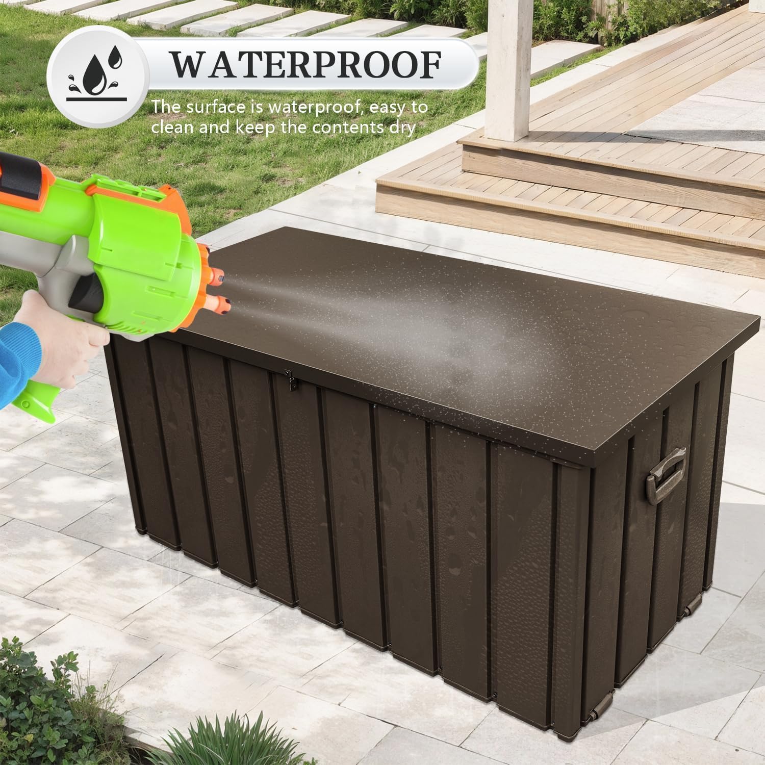 Domi 120 Gallon Deck Box, Metal Outdoor Storage Box with Lock Wheels, Waterproof Outside Storage Box for Patio Cushions
