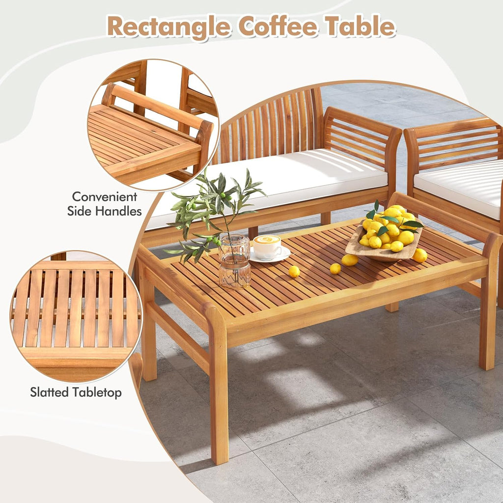 Tangkula 5 Pieces Acacia Wood Patio Furniture Set, Wood Outdoor Conversation Set with 3-Seat Bench, Loveseat, 2 Armchairs & Coffee Table, Cushioned Outdoor Sofa Set for Poolside, Porch, Balcony