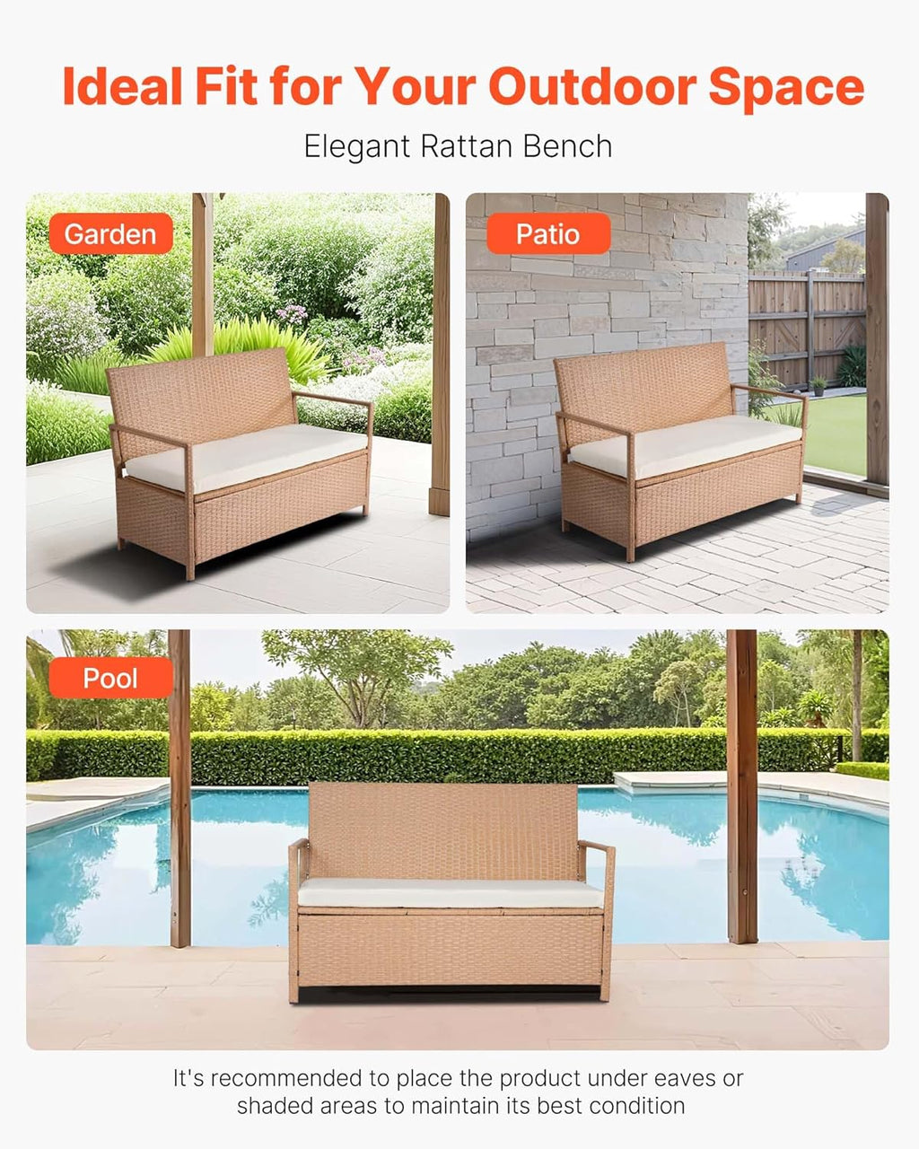 VEVOR Outdoor Storage Bench, 2-Person PE Rattan Storage Bench, 70 Gal Deck Box with Cushion, Supports up to 265 lbs, Outdoor Seating & Porch Decor for Patio Garden Balcony Yard