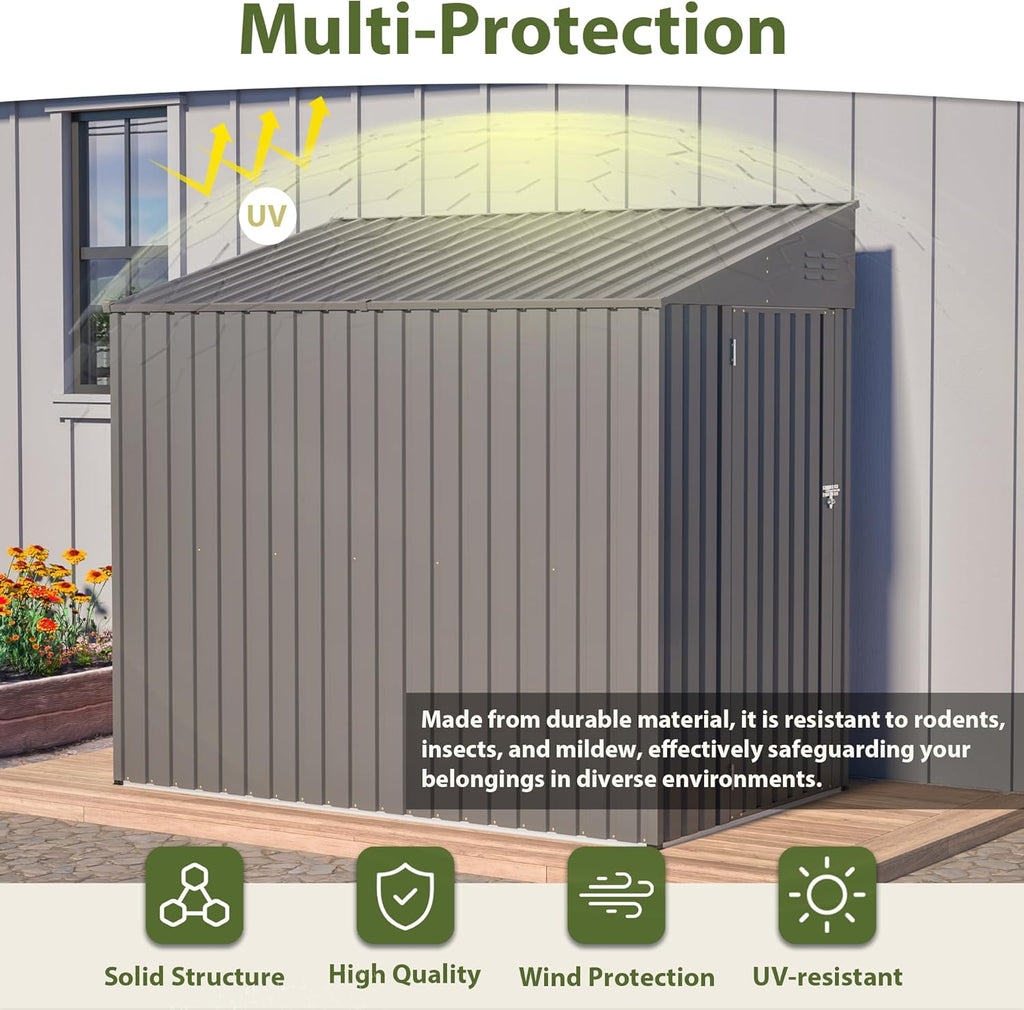4 × 7 FT Lean to Storage Shed, Outdoor Metal Wall Side Bike Mower Sheds & Outdoor Storage Cabinet, Lockable Tool Organization Shed for Garden Patio