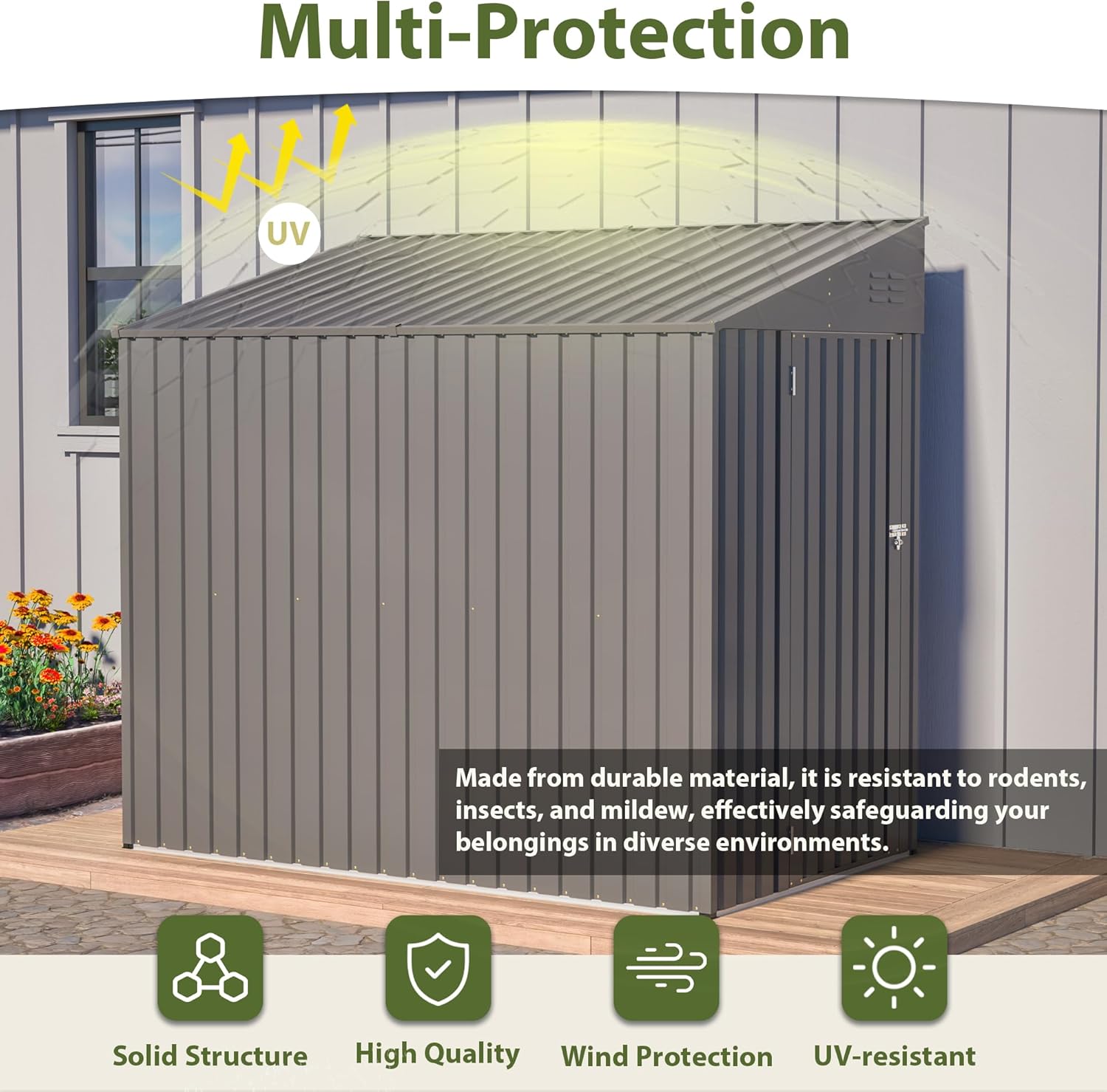 4 × 7 FT Lean to Storage Shed, Outdoor Metal Wall Side Bike Mower Sheds & Outdoor Storage Cabinet, Lockable Tool Organization Shed for Garden Patio