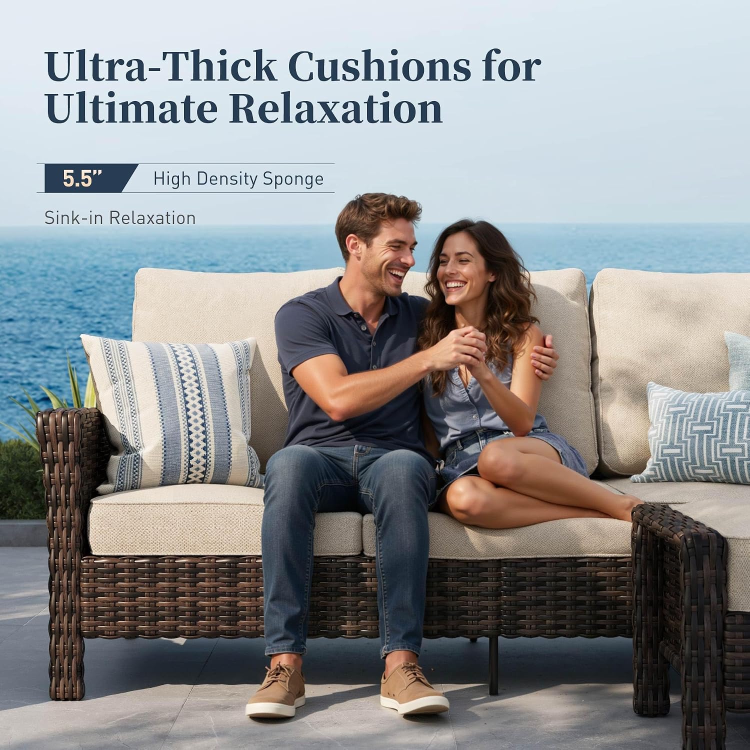 SUNSHINE VALLEY 5 Pieces Patio Furniture Set with Swivel Chairs, High Back Wicker Rattan Sofa with Extra Thick Cushion and Ottoman, Outdoor Conversation Set for Garden Backyard Deck,Beige