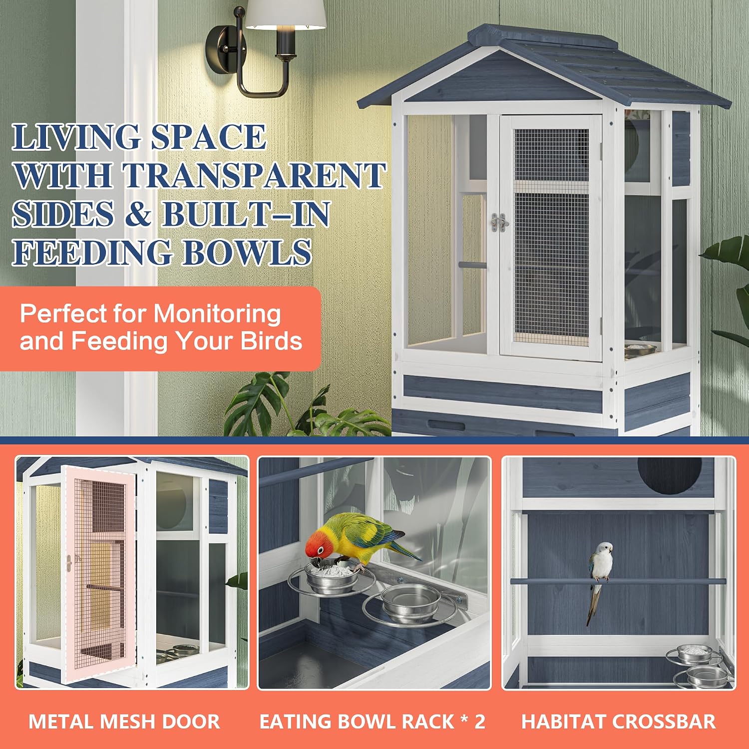 59' H Wooden Outdoor Bird Aviary on Wheels, Bird Cage with Storage & Pull-Out Tray for Small Birds, Finches, Parrots, Indoor Bird Cages with Feeder, Easy to Clean, Grey